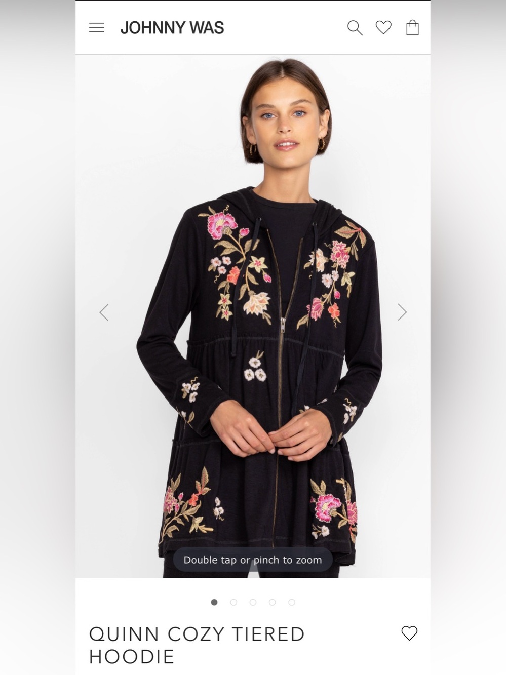 Johnny Was Black Quinn Cozy Tiered Hoodie Jacket Pink Floral Embroidery Large